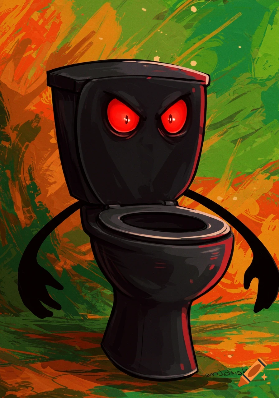 A menacing black toilet character with glowing red eyes and long arms, set against a vibrant, abstract orange and green background.