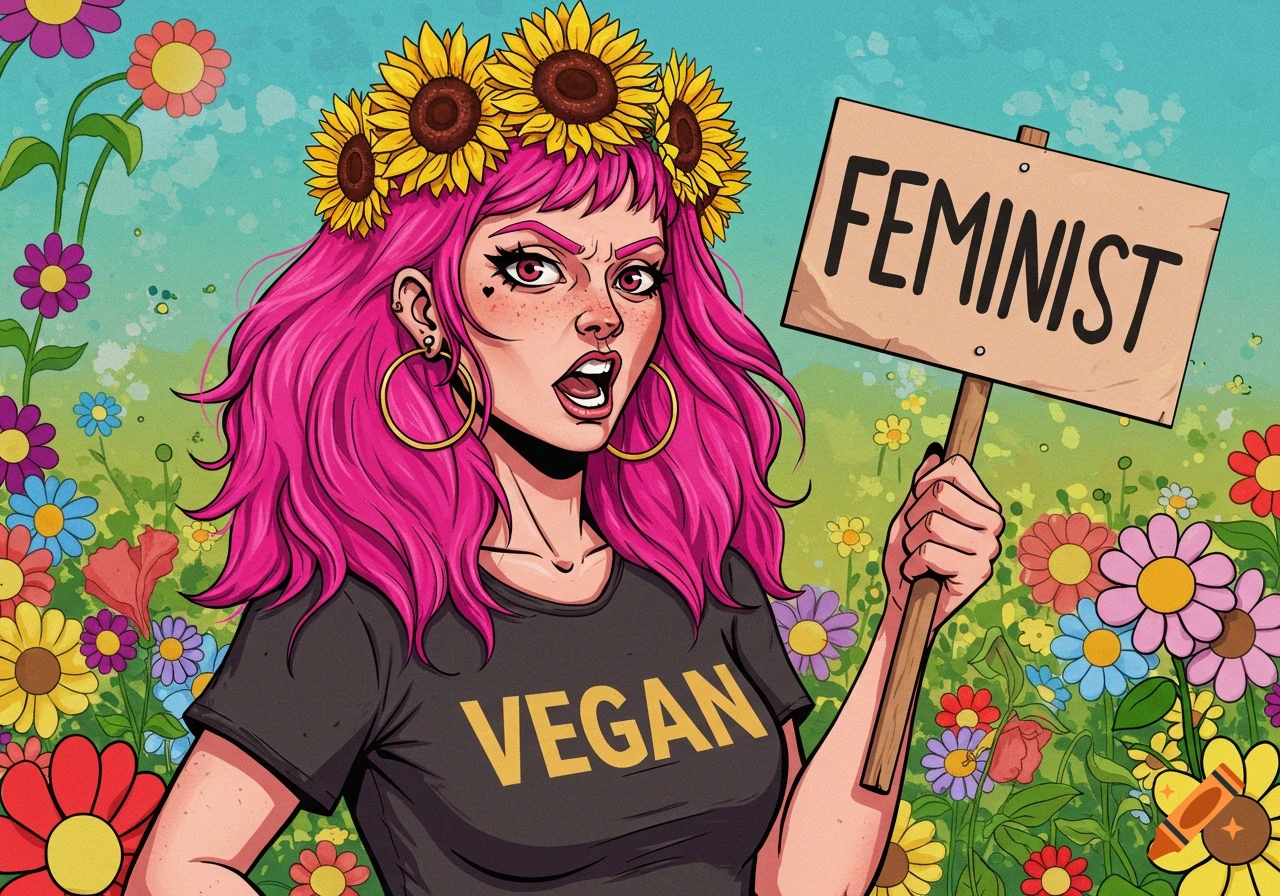 An illustration of a woman with pink hair and a sunflower crown, holding a 'FEMINIST' sign and wearing a 'VEGAN' t-shirt, set in a field of colorful flowers.