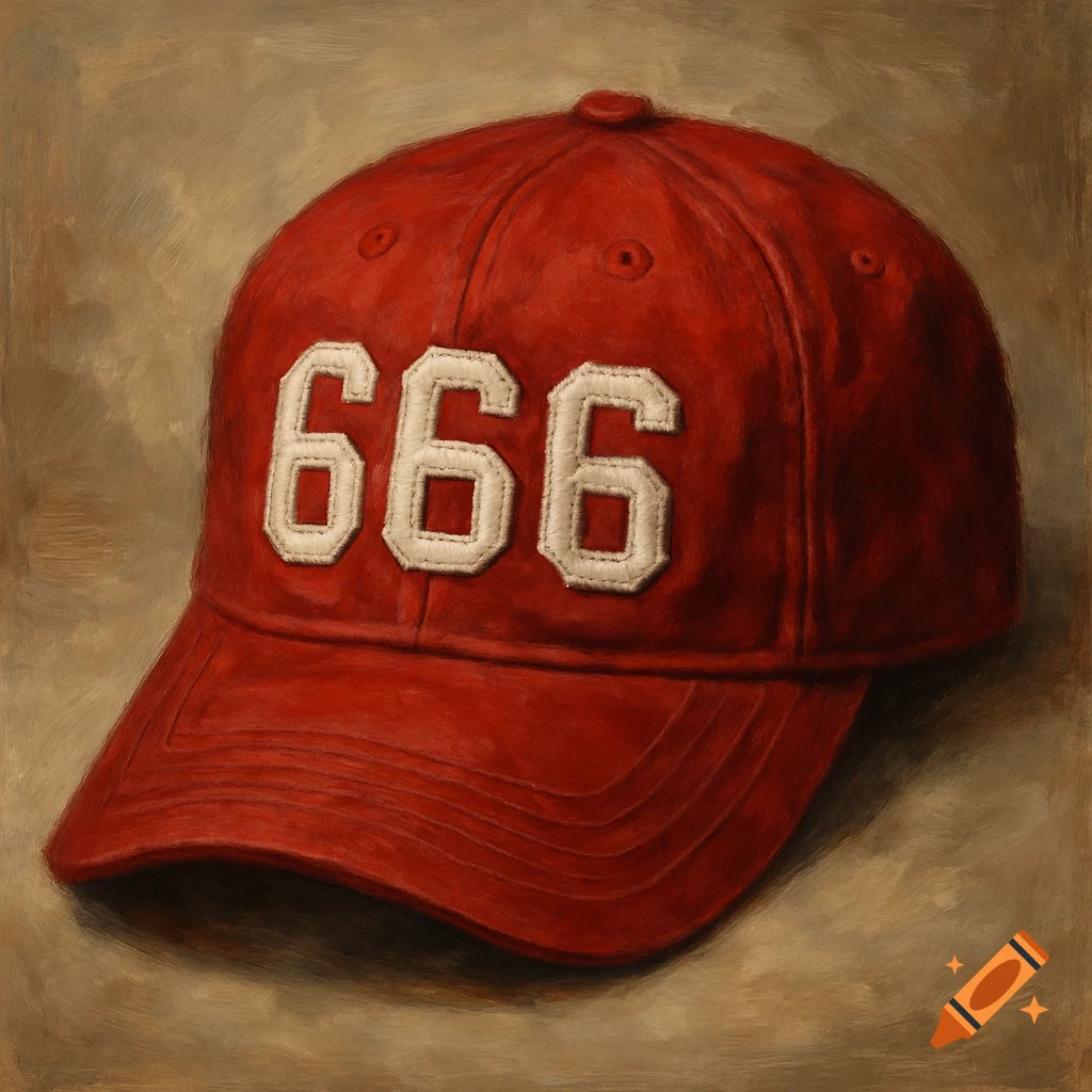 A red baseball cap with white embroidered '666' on the front, rendered in a painterly style.