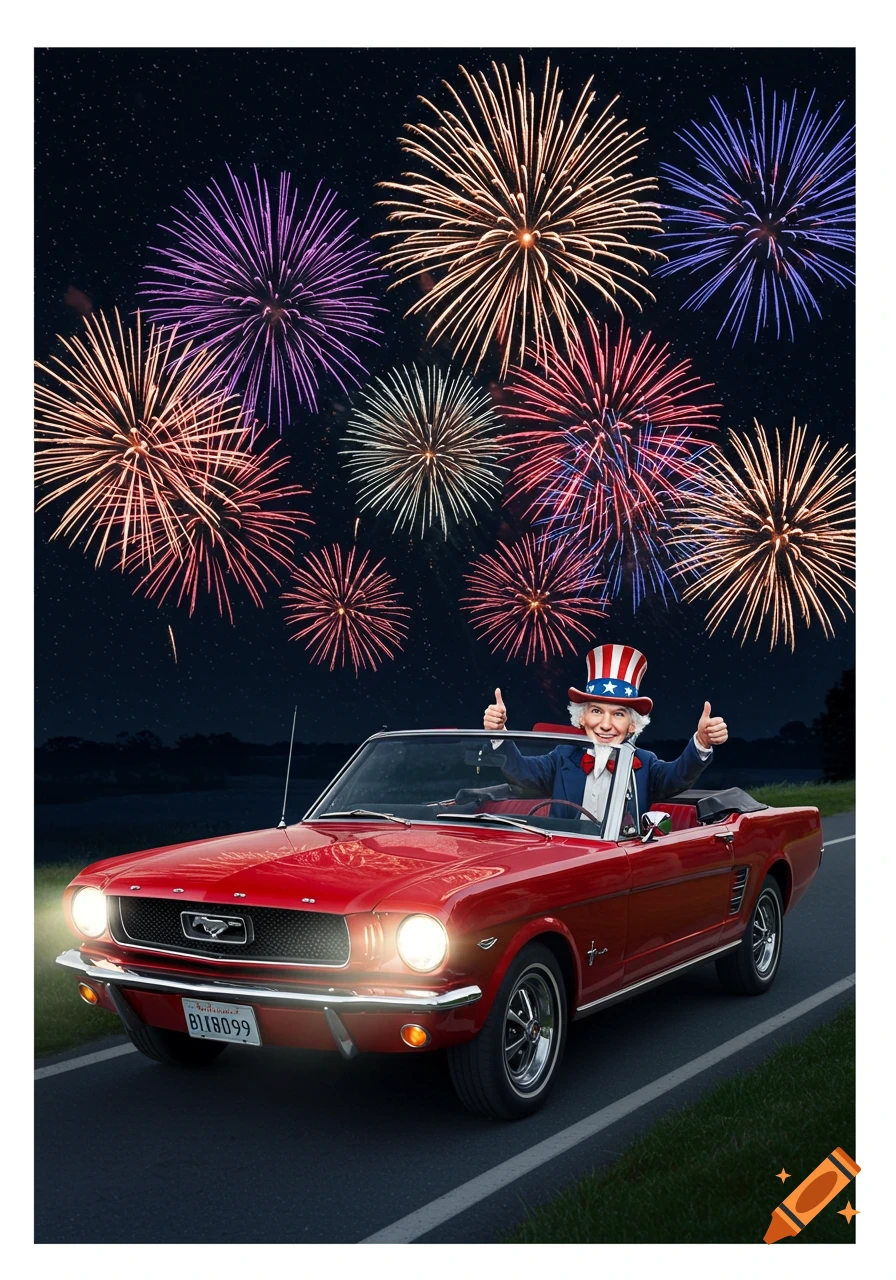 Uncle Sam drives a red Mustang convertible at night, smiling with thumbs up, as vibrant fireworks explode in the sky.