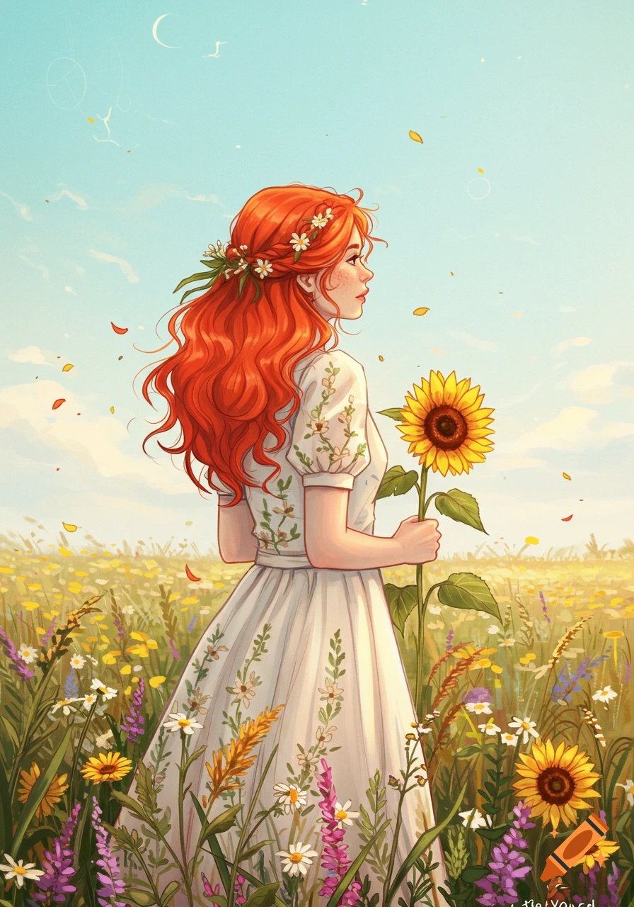 An illustration of a red-haired woman in a white floral dress standing ...