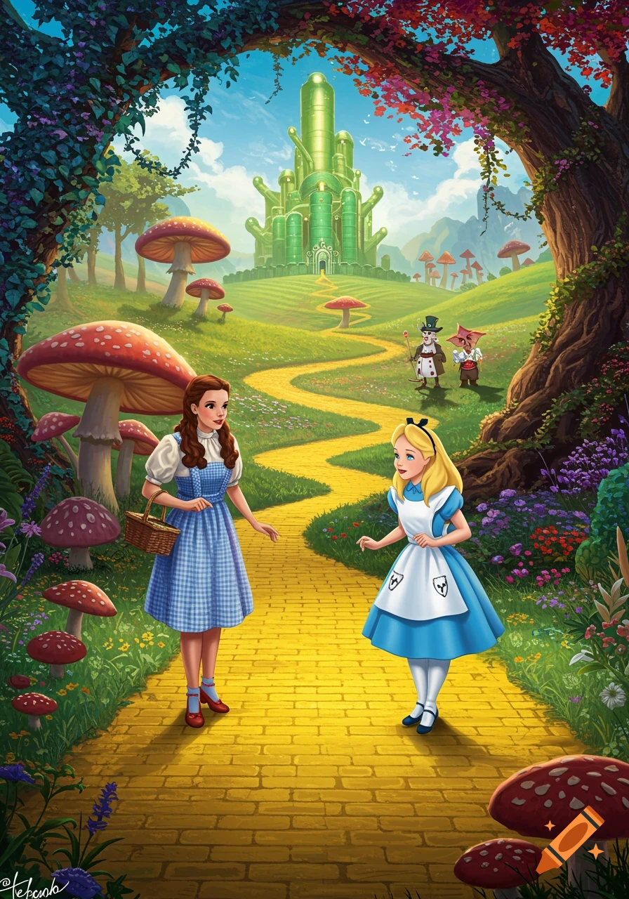 Dorothy and Alice meet on a yellow brick road in a colorful, fantastical landscape with a green castle, large mushrooms, and lush foliage.