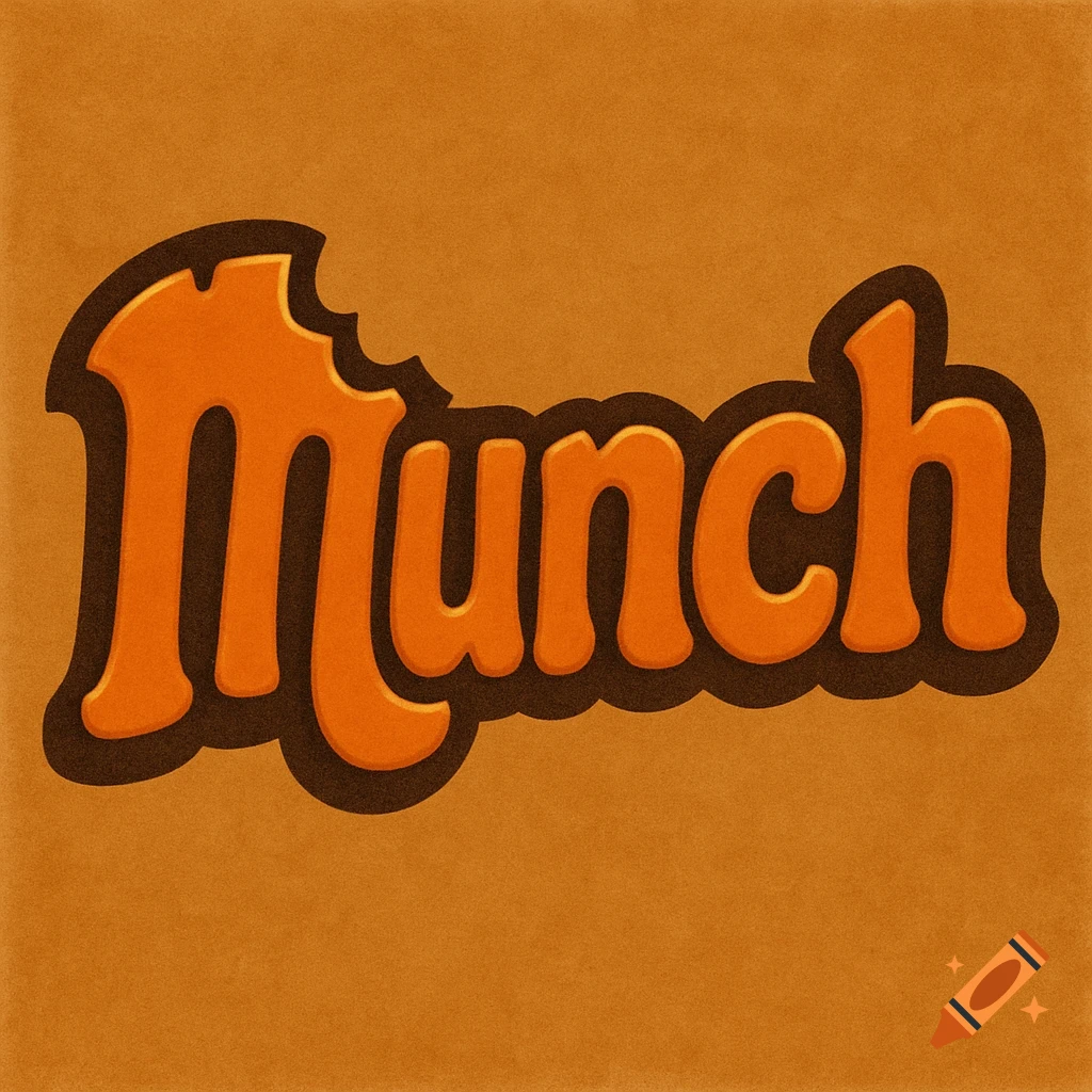 Retro orange and brown bubble text spelling 'Munch' with a bite mark taken out of the M.