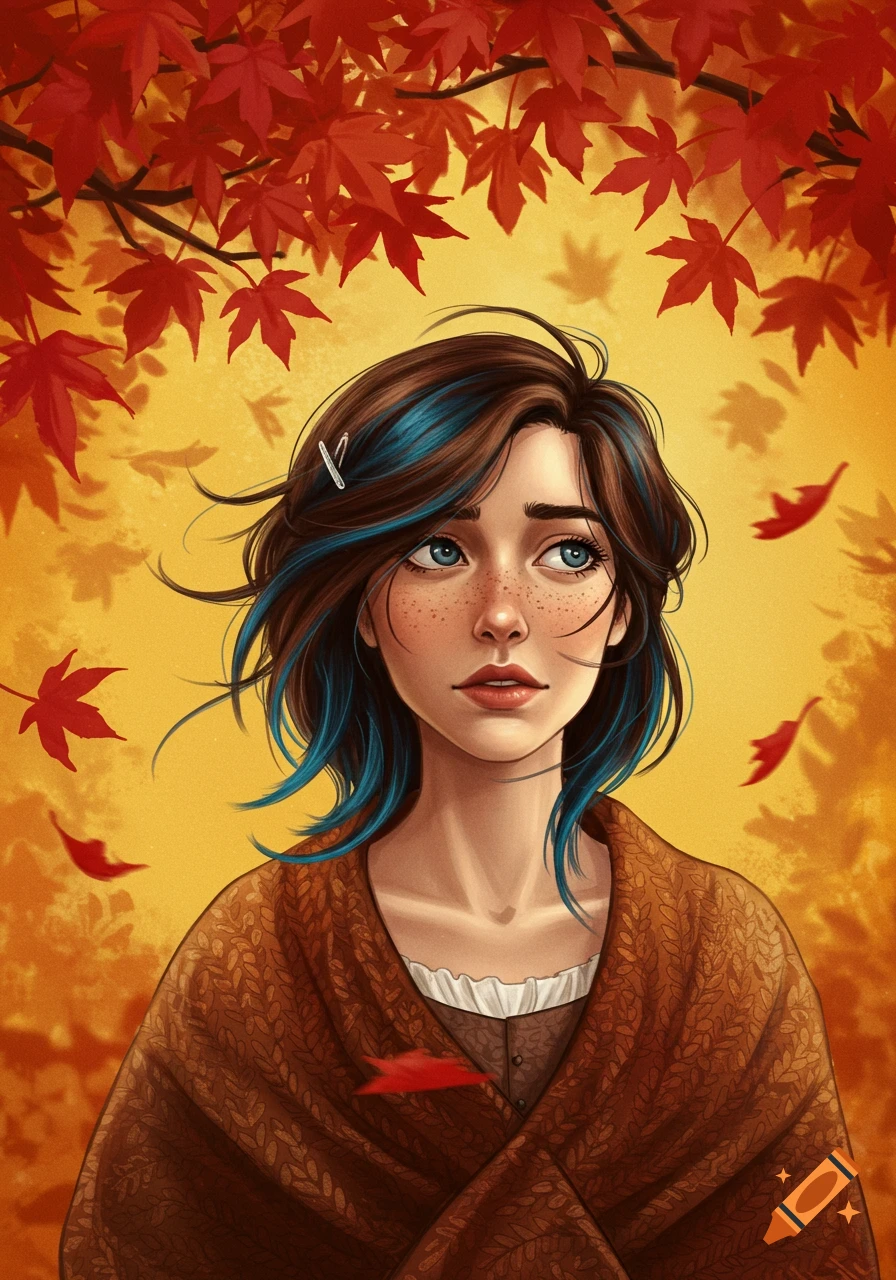 A stylized portrait of a young woman with brown hair and blue streaks, freckles, and blue eyes, wearing a brown shawl, looking up amidst falling red maple leaves against a golden background.