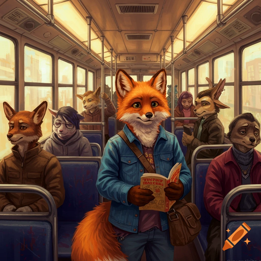 A vibrant anthropomorphic fox in a denim jacket reads a book while riding a bus with other animal passengers.