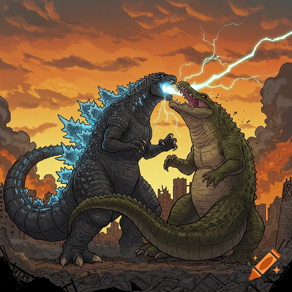 Godzilla battling a giant crocodile monster in a ruined city under an orange sky with lightning, in a cartoon style.