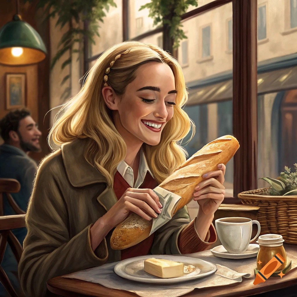 A smiling blonde woman in a brown coat holding a baguette in a warm cafe setting, with a coffee cup and butter on the table.