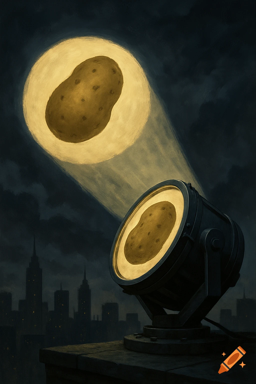 A potato shining in a spotlight above a dark cityscape at night, in a painterly style.
