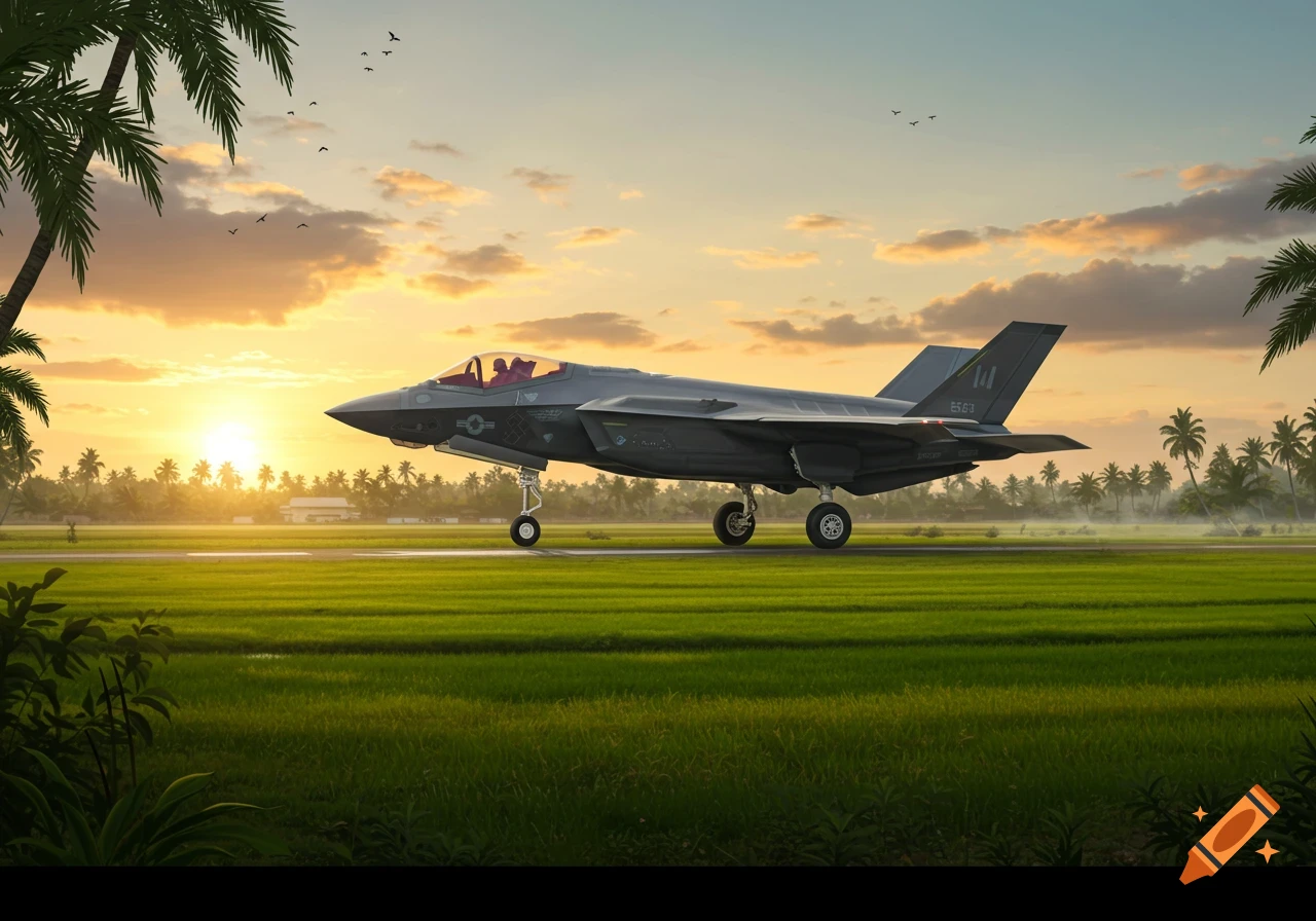 F-35 fighter jet on a runway surrounded by palm trees at sunset.