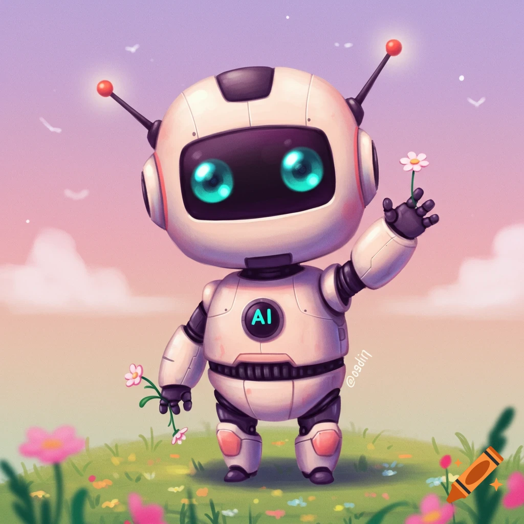 A cute white robot with glowing blue eyes holds pink flowers in a lush field under a pastel sky in a cartoon style.