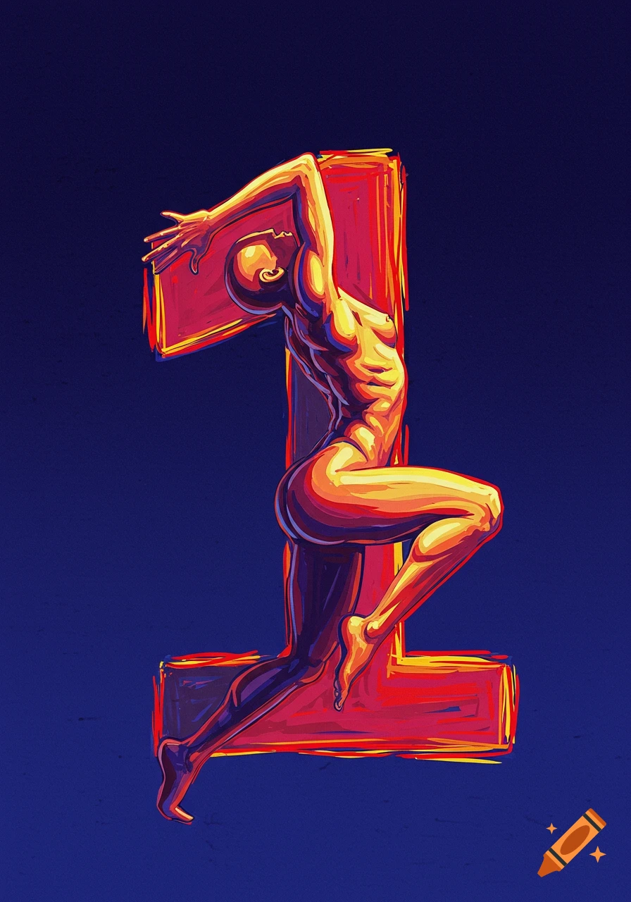 A vibrant, stylized digital illustration of a nude human figure contorted to form the shape of the number one, in warm reds and oranges against a dark blue background.