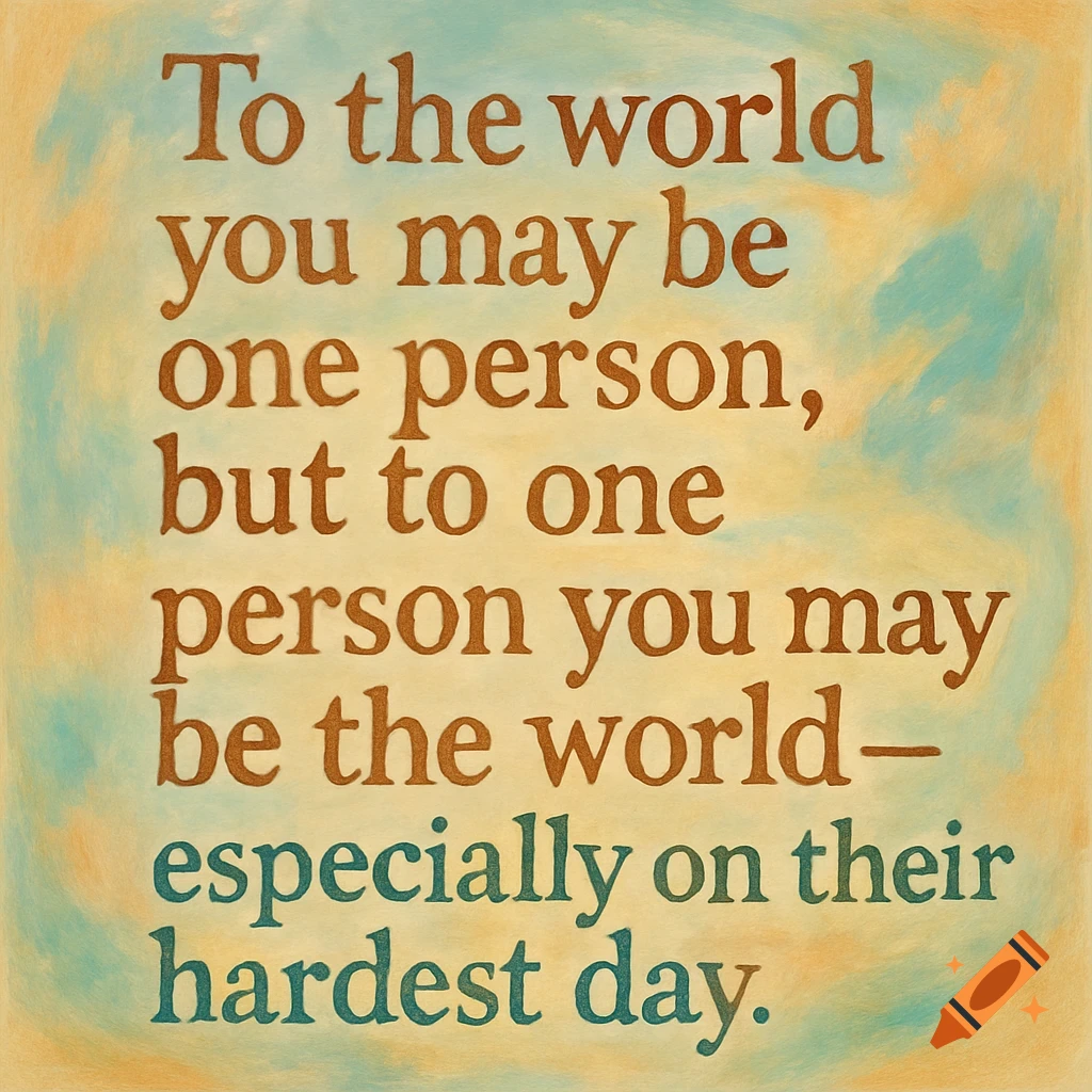 A quote "To the world you may be one person, but to one person you may be the world— especially on their hardest day" in brown and green text on a textured tan and teal background.