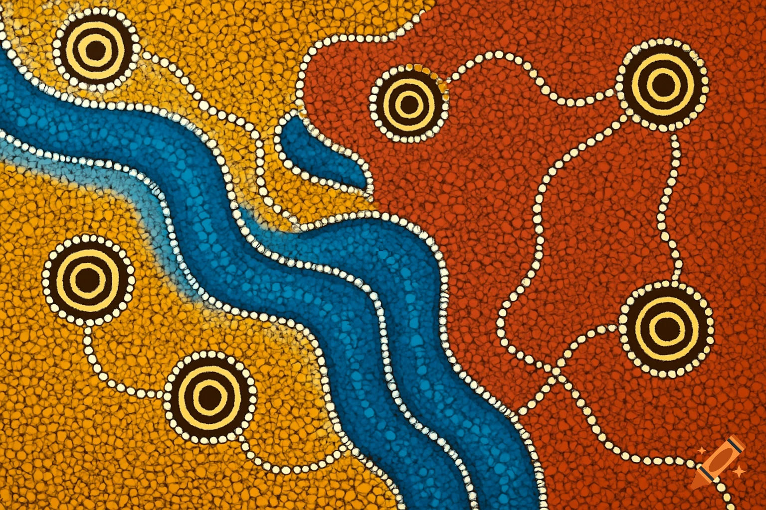 Aboriginal dot painting featuring a blue river winding through yellow and red land, with white dotted lines connecting circular symbols.