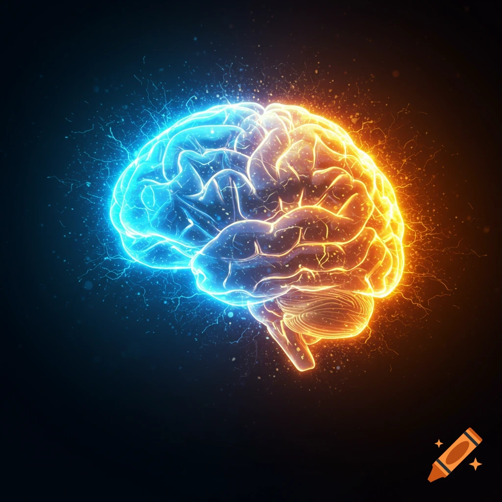A glowing human brain split into vibrant electric blue and bright orange halves on a dark background, with energy sparks emanating from it.