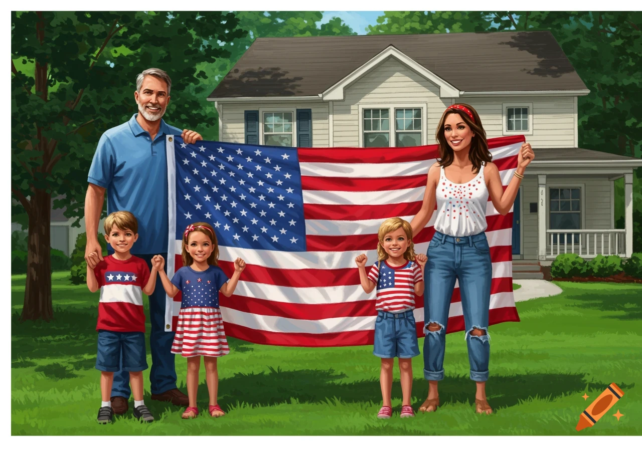 A smiling family, including a father, mother, and three young children, stands on a green lawn in front of a house, holding a large American flag. Illustrated style.