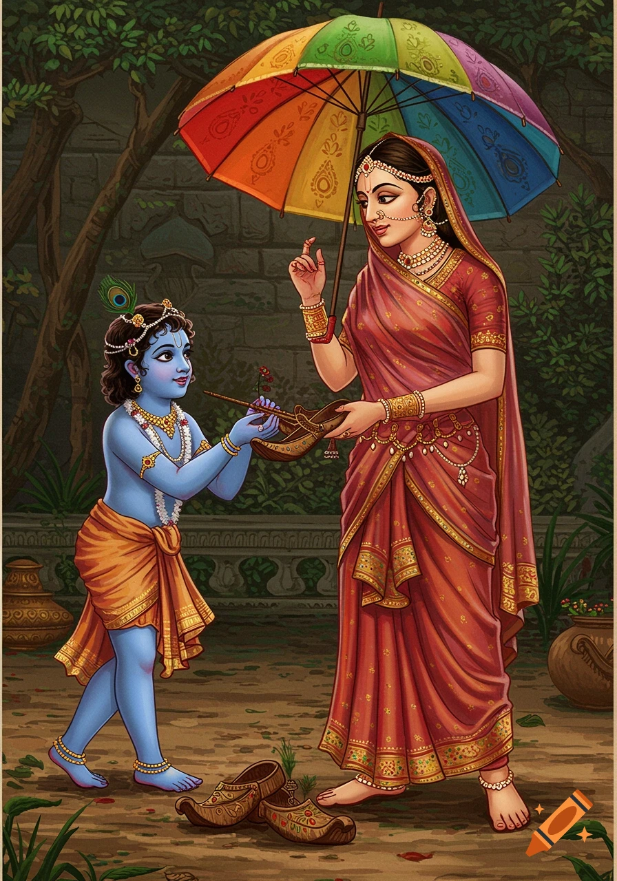 Blue-skinned Krishna kneels, holding a flute and bowl, looking up at Mother Yashoda holding a rainbow umbrella in a lush garden, traditional art.