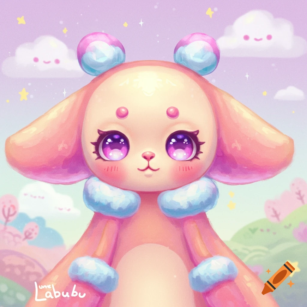 A cute pink and purple creature with large sparkling eyes and blue accents, set against a pastel pink and blue sky with clouds and stars in a whimsical style.