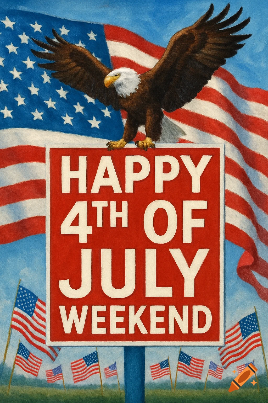 A bald eagle stands on a red sign displaying "HAPPY 4TH OF JULY WEEKEND" with American flags in the background and foreground, painted in a vibrant style.