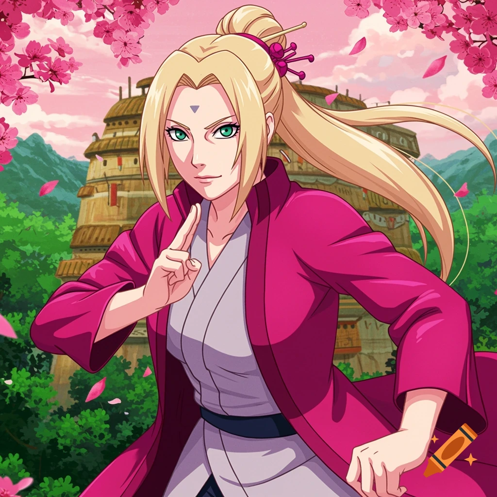 Anime portrait of Tsunade from Naruto, a blonde woman in a pink robe making a hand sign, with a pagoda and cherry blossoms in the background.