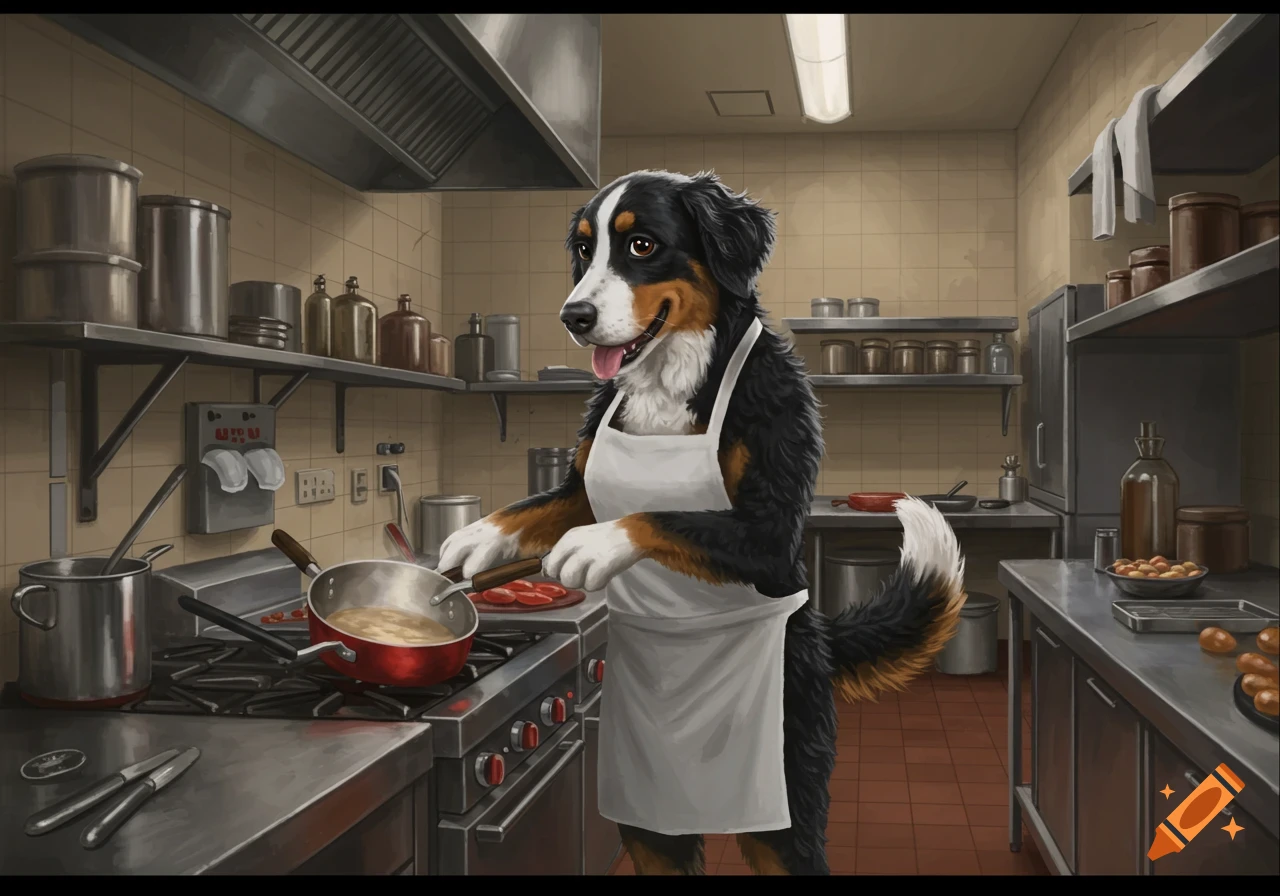 A Bernese mountain dog mix wearing a white apron smiles while cooking at a stove in a professional kitchen, stirring a pan.