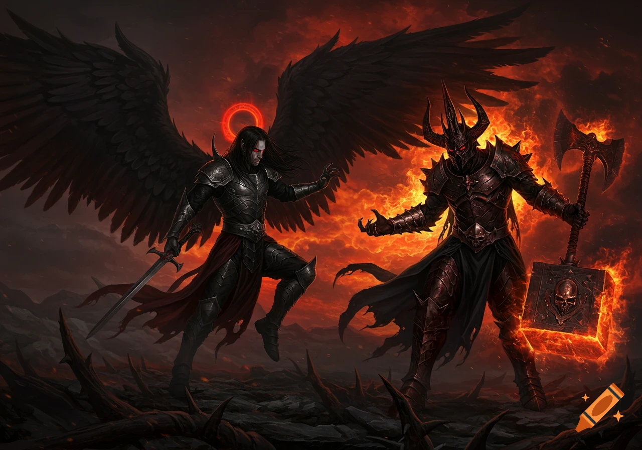 A dark angel with black wings and a sword battles a horned demon with a fiery axe in a hellish, red-skied landscape.