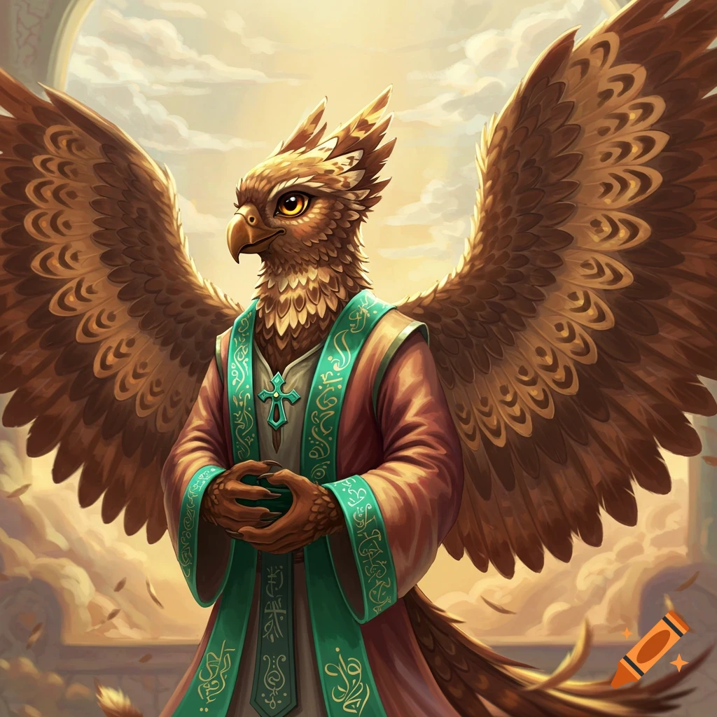 A fantasy creature resembling a griffin or an Aarakocra, dressed in brown and green clerical robes with a cross pendant, stands with clasped hands against a bright, arched background.