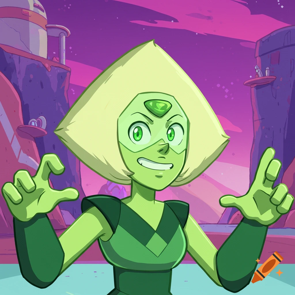 Green cartoon character Peridot from Steven Universe with a triangular head and a gem on her forehead, gesturing with both hands in front of a purple alien landscape.
