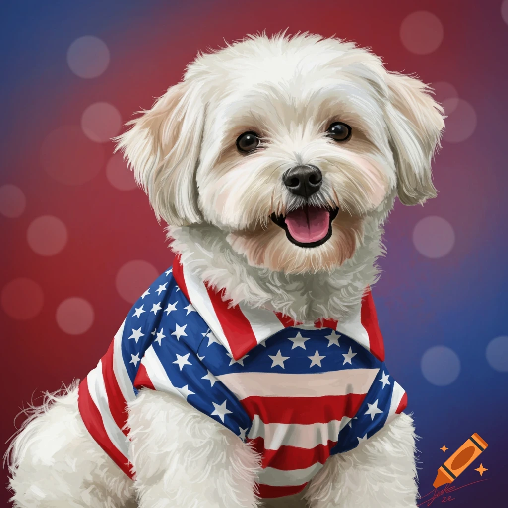 A white Coton de Tulear dog wears a red, white, and blue American flag shirt, smiling at the viewer against a patriotic blurred background.