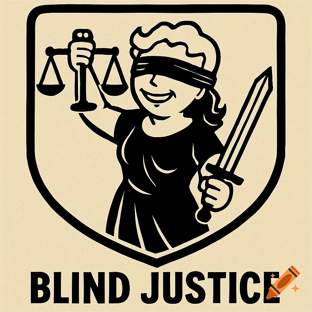 A stylized black and white illustration of blindfolded Lady Justice holding scales and a sword, with the text 'BLIND JUSTICE' below, inside a shield.