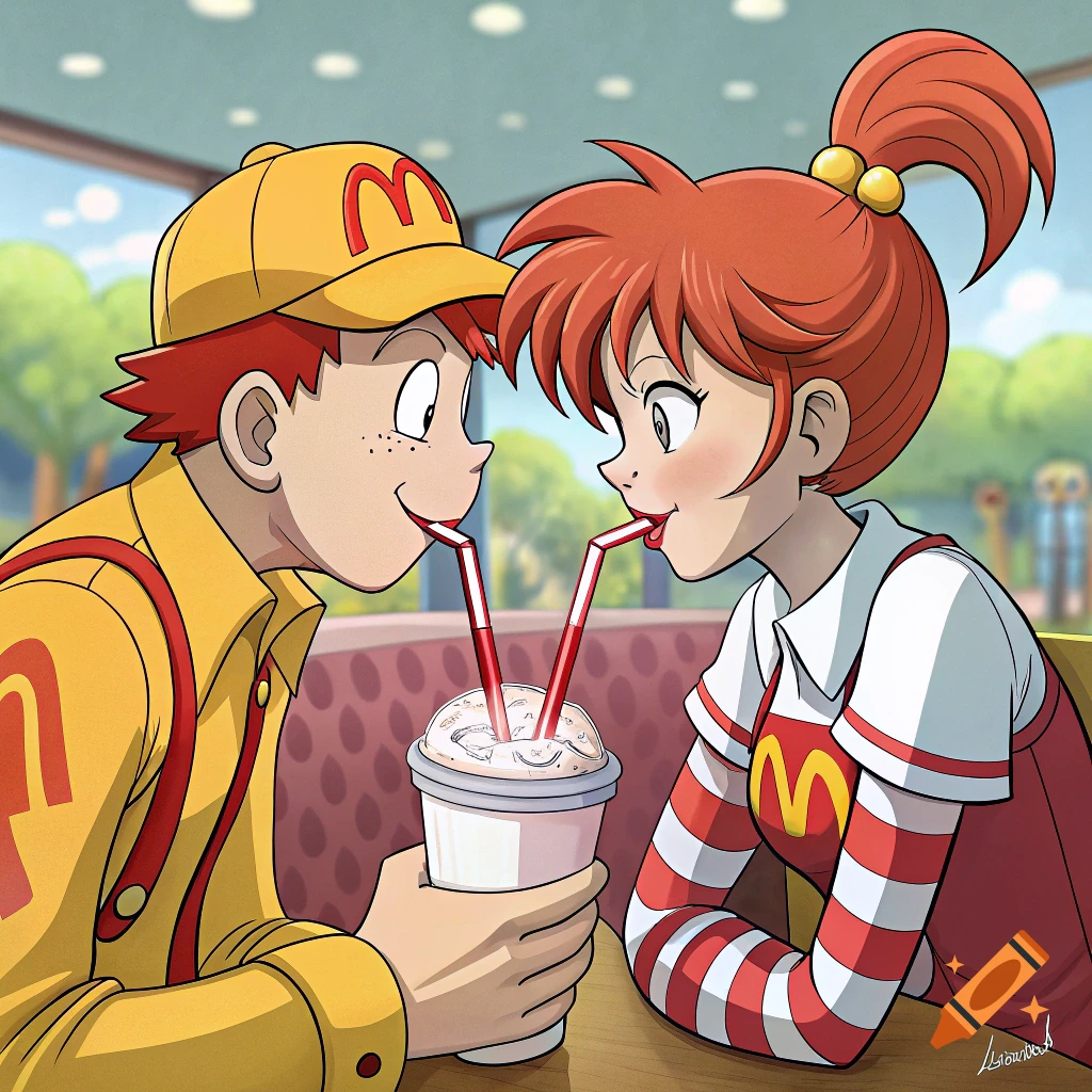 Anime style illustration of a boy and girl in McDonald's uniforms sharing a milkshake at a restaurant.