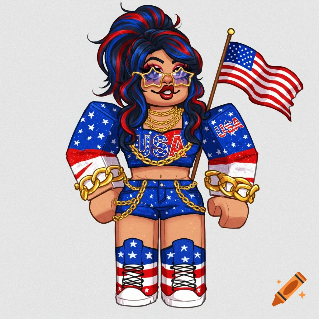 A cartoon Roblox girl avatar in a red, white, and blue USA flag outfit, holding an American flag.