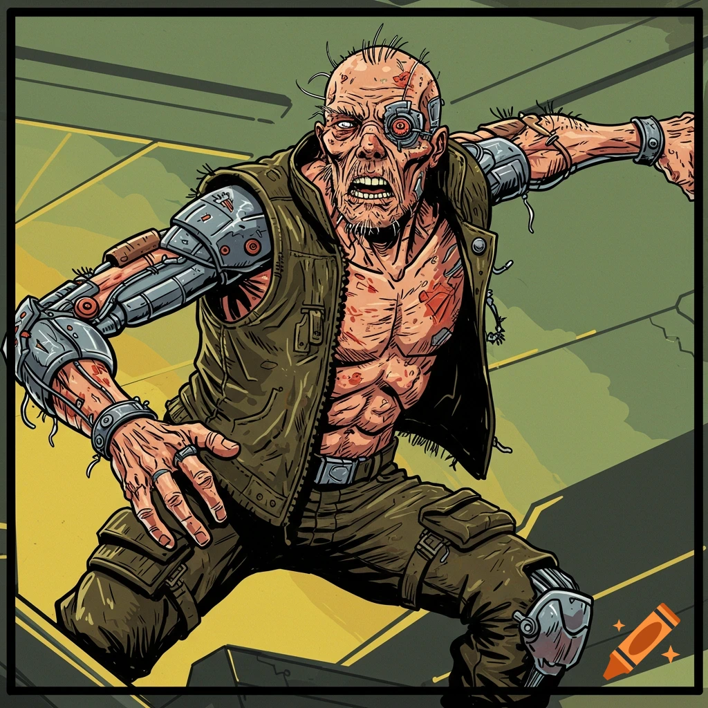 A grizzled cyborg in a graphic novel style, with a bionic arm and eye, snarling with scars and exposed chest, crouching in a dynamic pose.