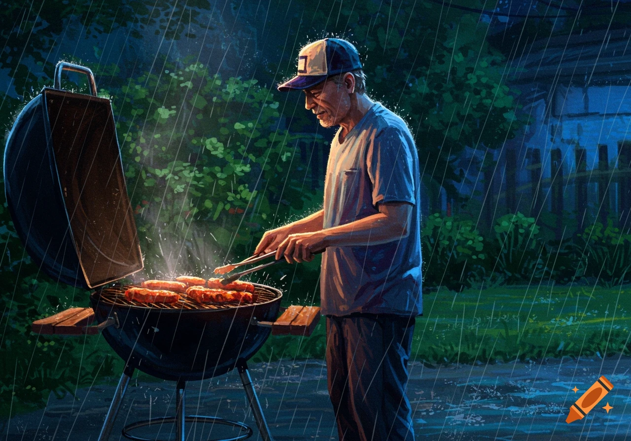 A man wearing a cap grills sausages on a barbecue in the pouring rain, with glowing coals and steam rising.