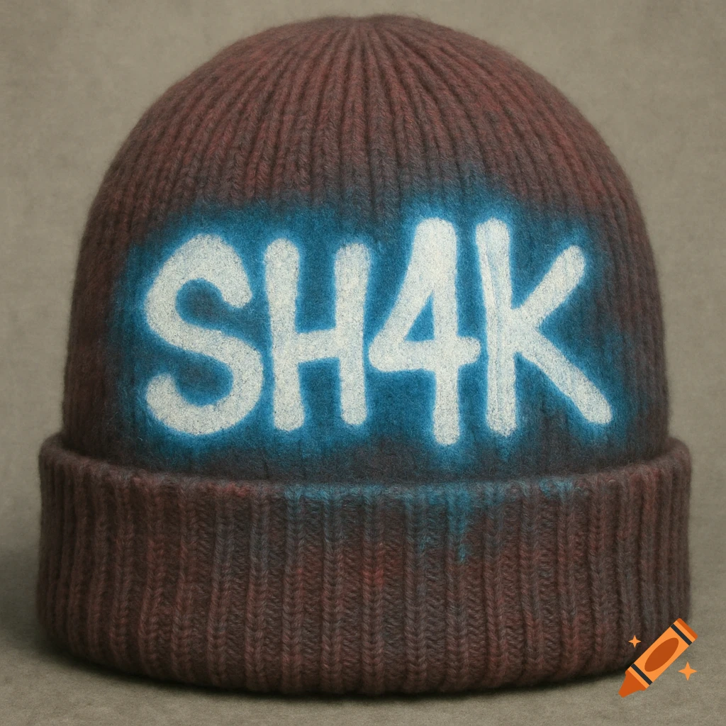 A brown knitted beanie with 'SH4K' spray-painted in white and blue, photorealistic.