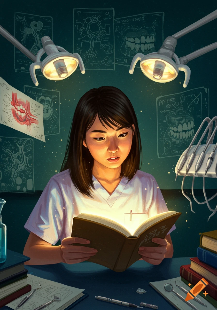 A young female dental student with dark hair in a white coat reads a glowing book in a dimly lit room, surrounded by dental diagrams and tools.