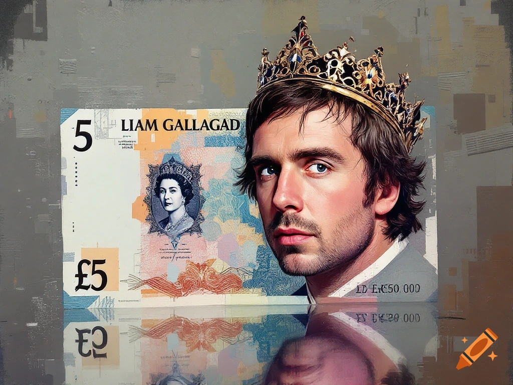 A man wearing a gold crown is depicted on a British five-pound note, next to Queen Elizabeth II's portrait.