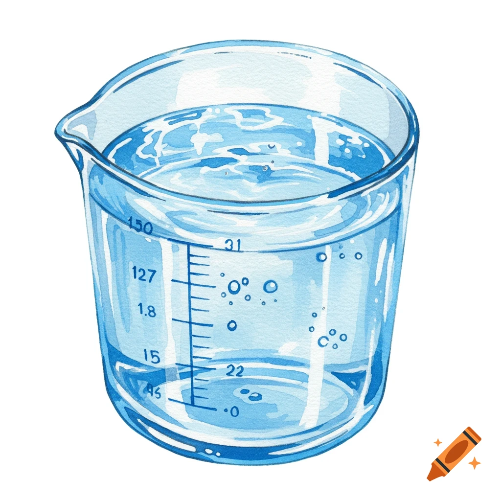 Watercolor illustration of a glass measuring cup filled with blue liquid.