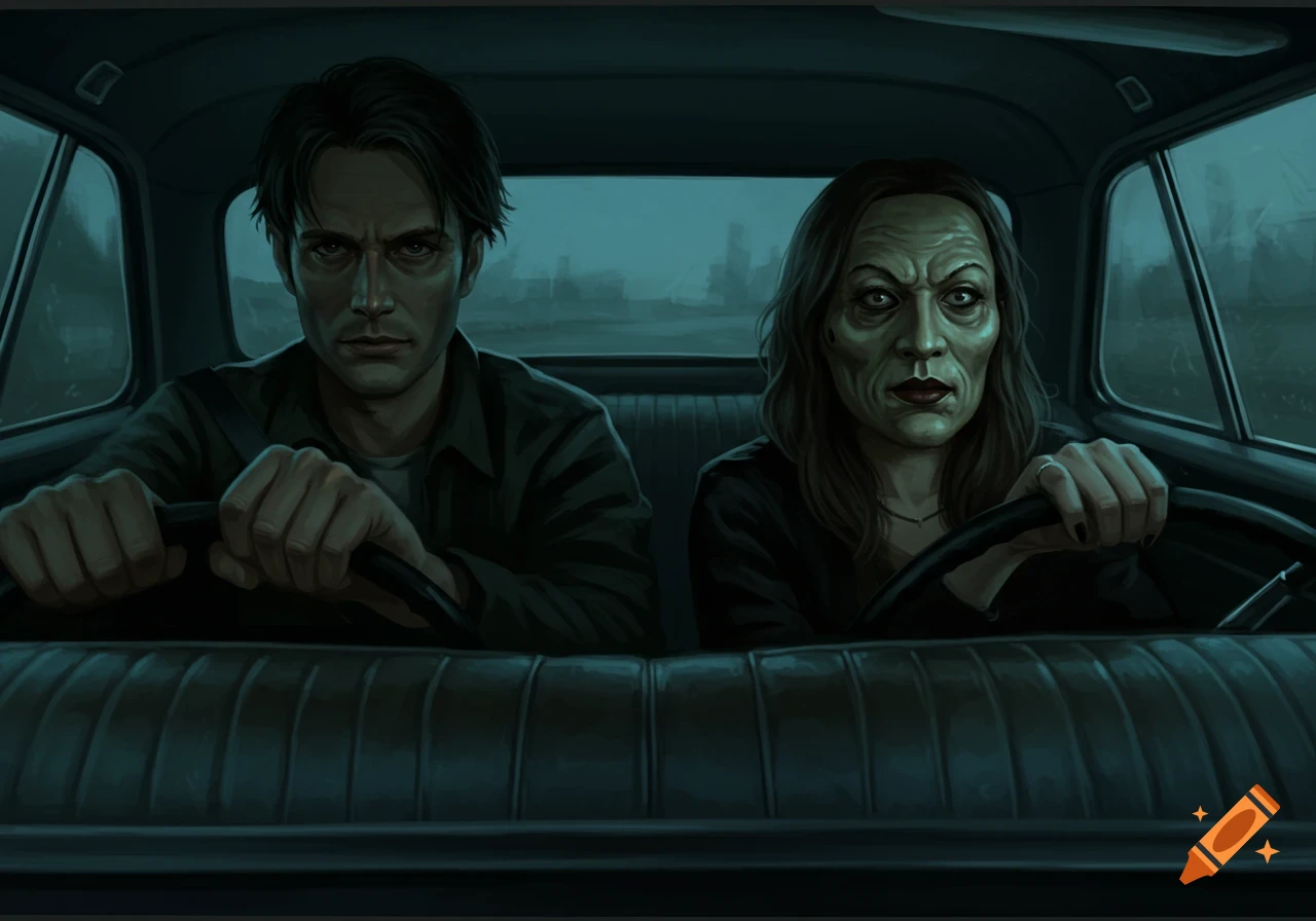 An eerie illustration of a man with a stern expression and a grotesque, wrinkled woman with pale eyes, both sitting in the front seats of a dark car.