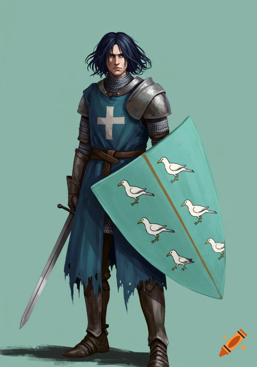 A knight in blue tunic and chainmail, with dark hair, holds a sword and a light blue shield with six white birds emblazoned on it.