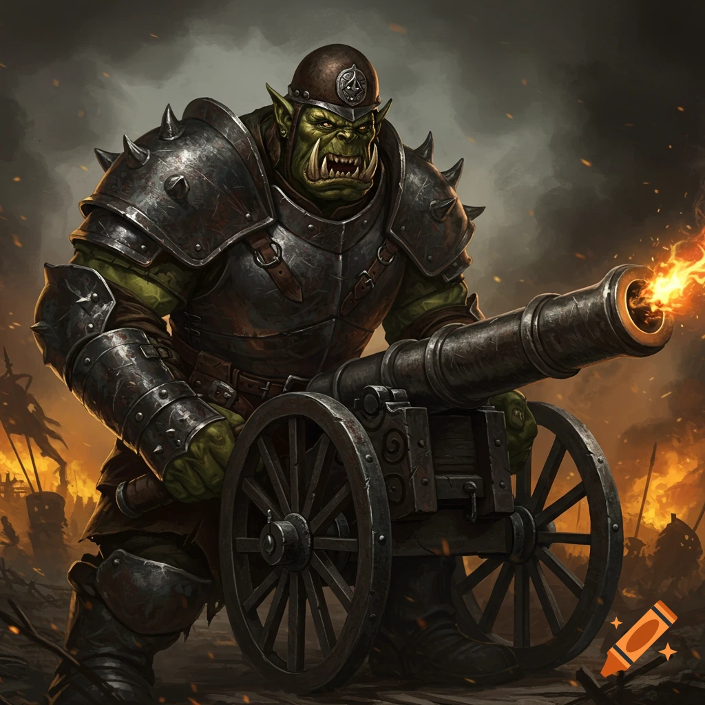 A fierce green-skinned orc in crude metal armor aims a smoking cannon on a battlefield with explosions and smoke.