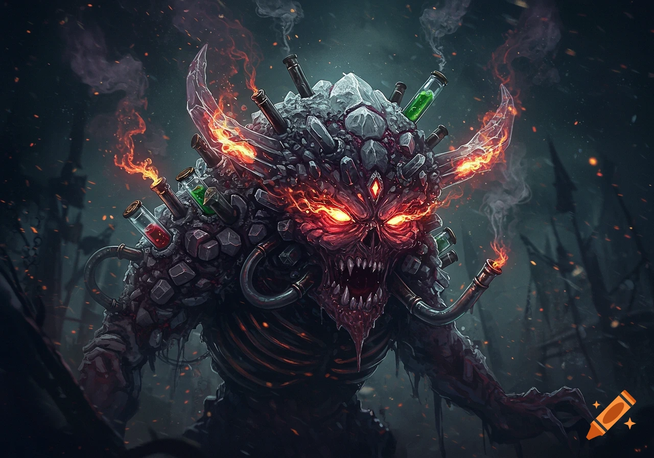 A grotesque, rocky demon with glowing red eyes and horns, embedded with vials, pipes, and fire, against a dark, smoky background.