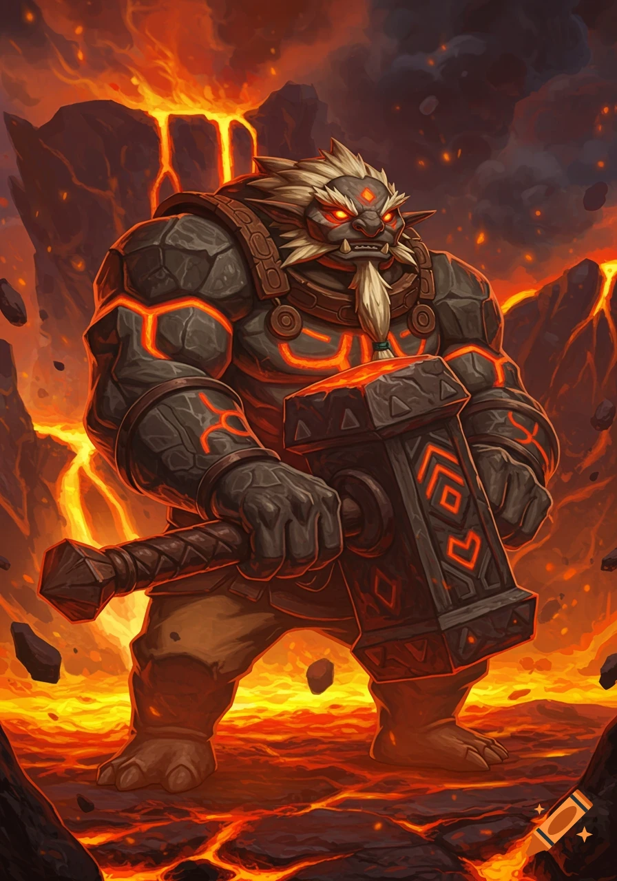 A muscular, grey-skinned fantasy creature with glowing red eyes and a white beard, holding a large hammer, stands amidst a fiery lava landscape.
