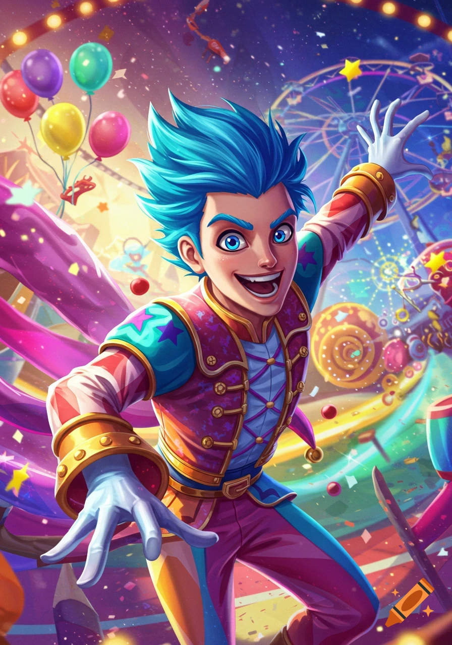 A blue-haired, smiling cartoon character in a colorful jester outfit poses dynamically in a vibrant circus tent background with balloons and a Ferris wheel.