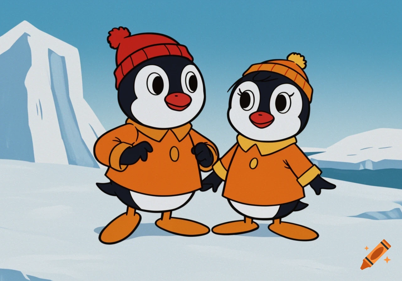 Two cartoon penguins, one male and one female, wearing orange shirts and winter hats, stand in a snowy landscape with icebergs.