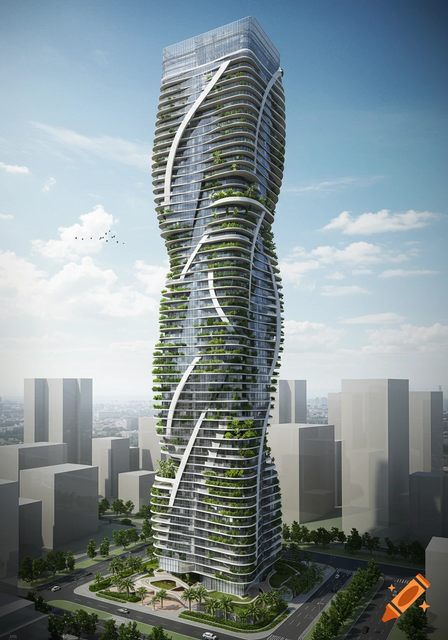 A tall, modern, twisted skyscraper with white curved balconies and green plants growing on its facade, set against a city skyline under a clear sky.