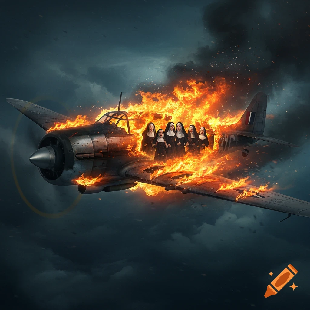 A vintage airplane engulfed in bright orange flames flies through a dark, cloudy sky with a group of nuns standing on its burning wing.