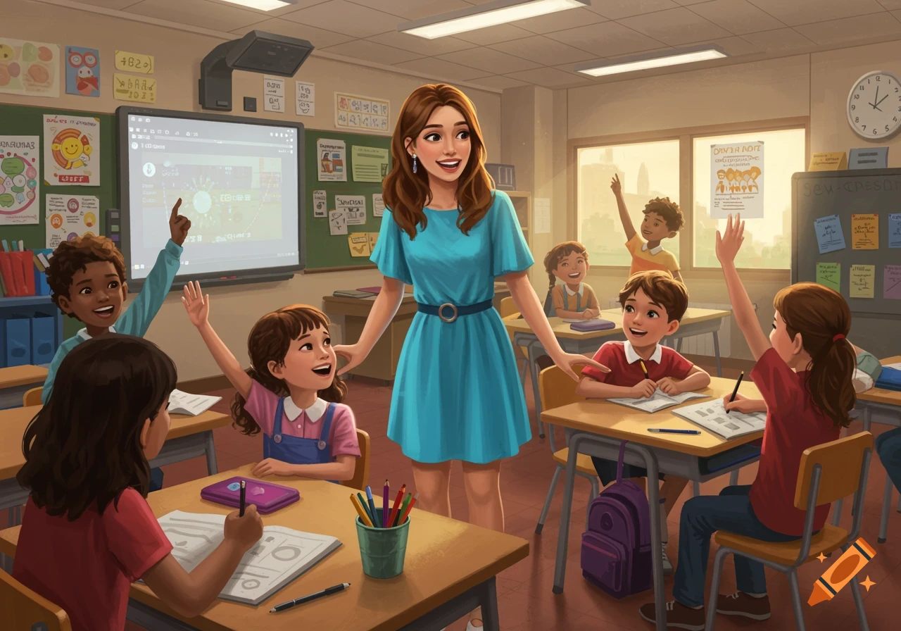 An illustration of a teacher standing in a bright classroom with several smiling children raising their hands, ready to answer questions.