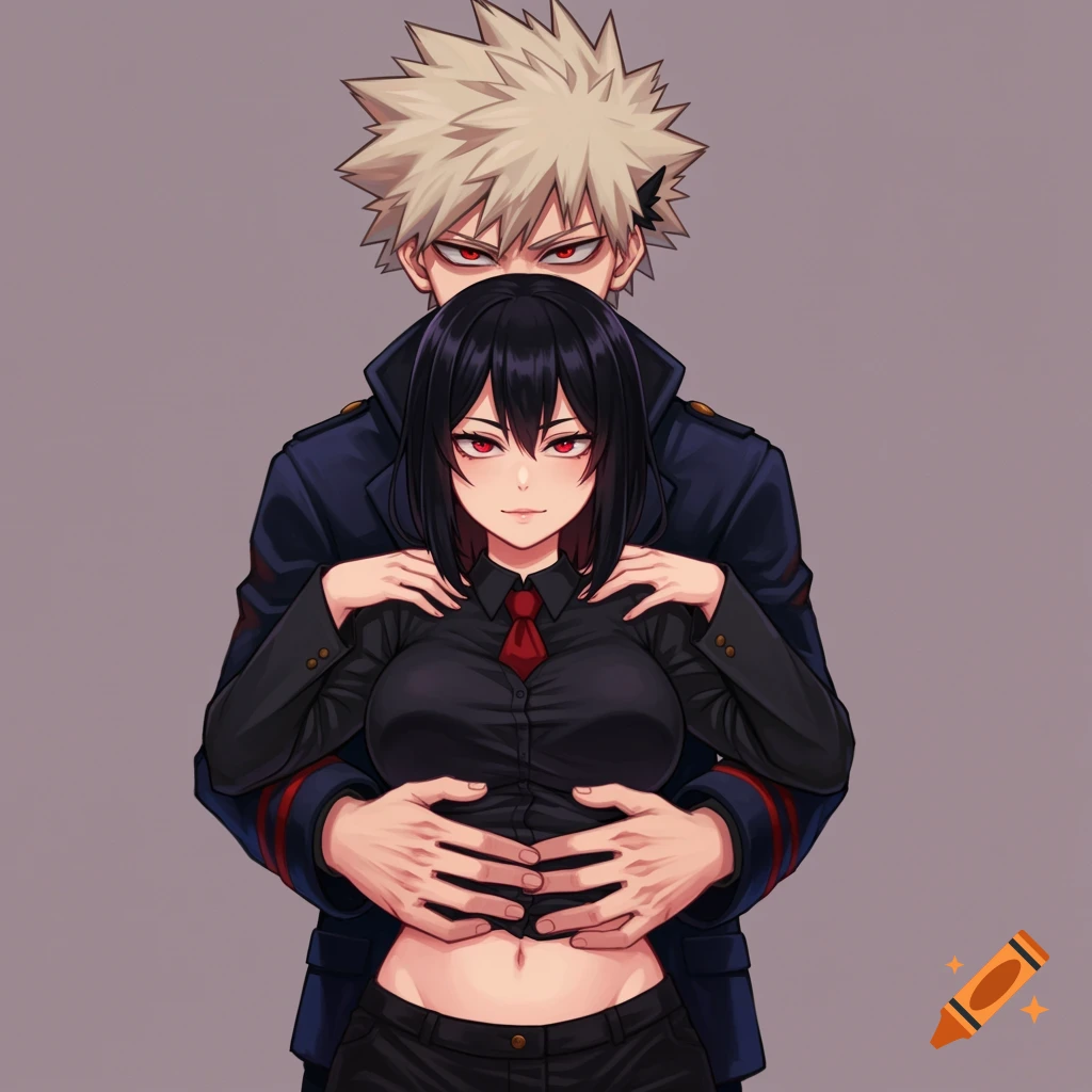 Anime style illustration of Katsuki Bakugo with spiky blonde hair embracing a red-eyed girl with black hair from behind.