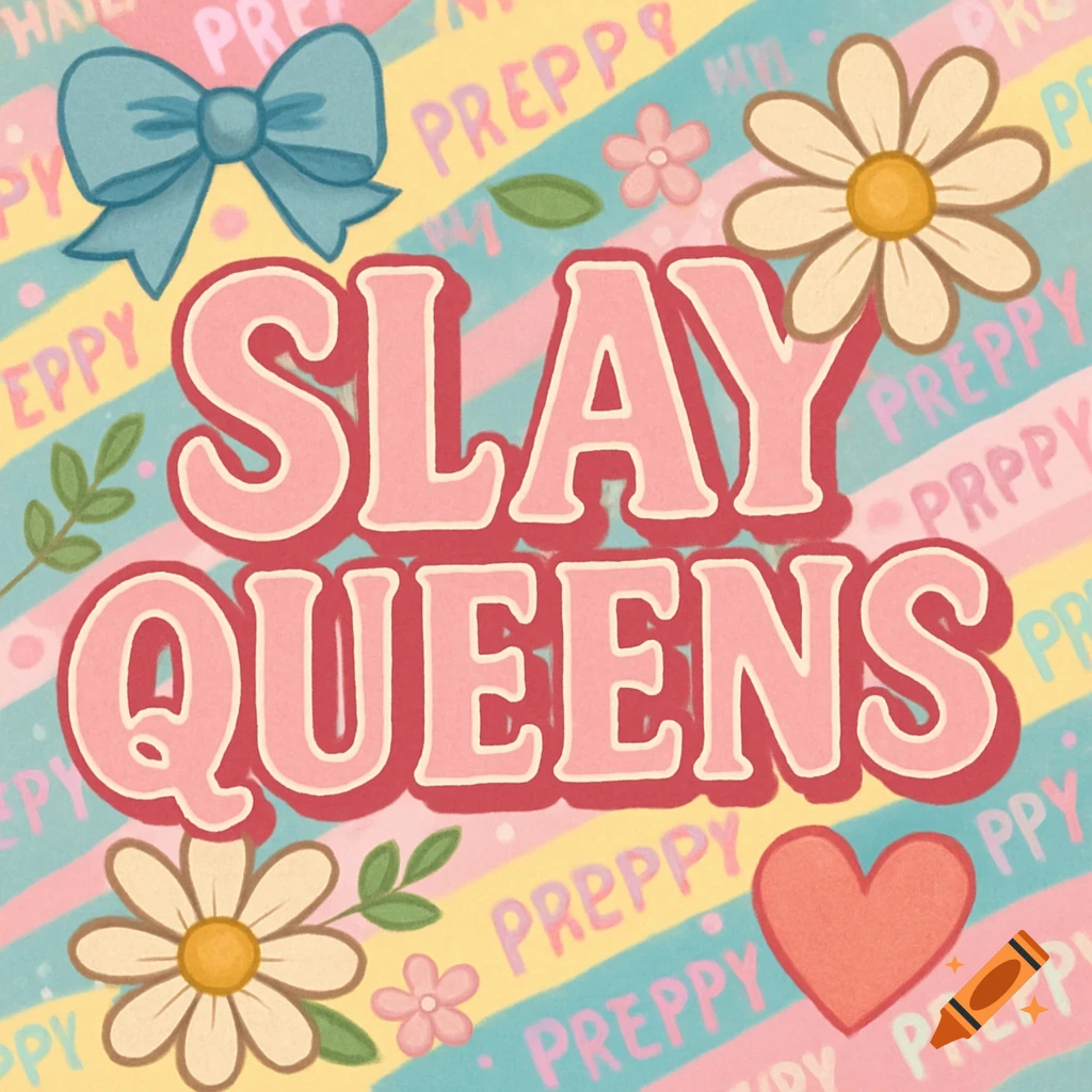 Pink 'SLAY QUEENS' text on a pastel striped background with a blue bow, daisies, and a heart.