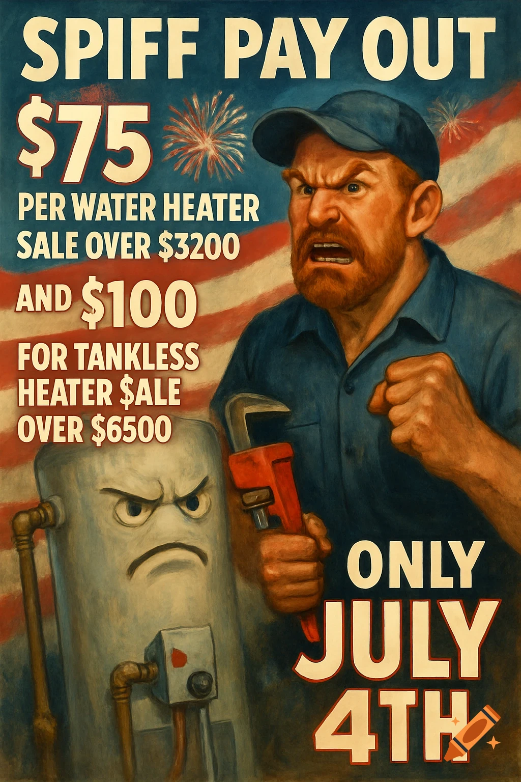 Vintage-style 4th of July advertisement poster featuring an angry plumber holding a wrench next to an angry water heater, with text detailing a sales promotion.